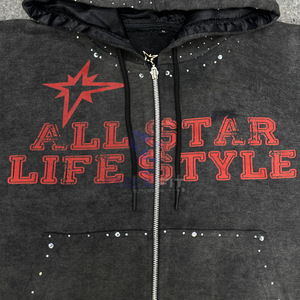 Customized Design Top Impact Best Zipper Distressed Hoodie <b>Rhinestone</b> Zip up <b>Jacket</b> Acid Wash Men Fleece Streetwear Hoodie - Product Image 2