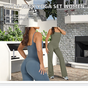 Solid Fashionable Crew <b>Neck</b> Chest <b>Pad</b> Gathered Sleeveless Female Sports 2-Piece Set Mid Waist Butt Lift Loose Long Yoga Women - Product Image 4