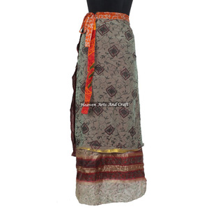 Sarong long en soie imprimée indienne - Jupe longue enveloppante bohème toutes saisons - Robe enveloppante avec taille ouverte - Sari en soie à 2 couches - Product Image 2