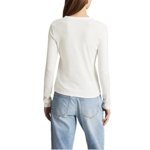 Camiseta de Mujer, Cuello Redondo, Manga Larga, Corte Ajustado, Color Sólido, Tejido de Punto, 180g, Informal, Verano, Transpirable, con Botones, 100% Algodón, Alta Calidad - Product Image 5