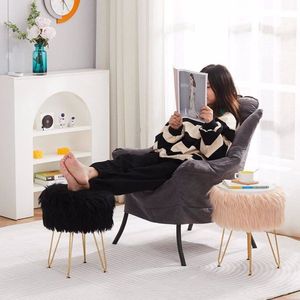 Round Furry Vanity <b>Stool</b> with Marble Tray Compact Soft Makeup Seat Faux Fur <b>Storage</b> Ottoman 4 Metal Legs - Product Image 4