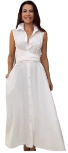 Women's Sleeveless Maxi Shirt Dress | Elegant Solid <b>White</b> <b>Wrap</b> Waist Dress with Pockets High Waist Straight Hem - Product Image 3