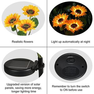 Confezione da 2 Luci Solari a LED Migliorate per Giardino, a Picchetto, Lampeggianti, a 3 Teste a Forma di Girasole, Impermeabili, Alimentate a Energia Solare, per Decorazioni Esterne - Product Image 3