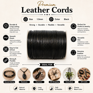 Premium Black Leather Cord 1.5mm Thickness | Durable Round Genuine Leather <b>String</b> for Jewelry Making, <b>Bracelet</b> & DIY Crafts - Product Image 6