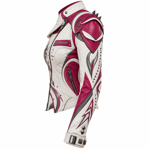 <b>Women</b> White Magenta Cowhide Leather Biker Jacket Printed Keyboardist Graphic Spiked Shoulder Studded Collar <b>Coat</b> OEM Wholesale - Product Image 4