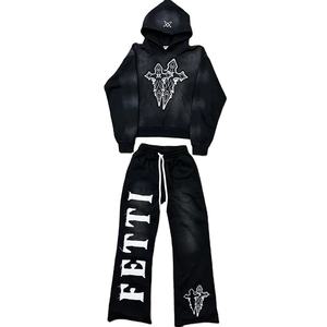 Servicio OEM al por mayor diseño personalizado ropa de calle hombres chándales acampanados Venta caliente personalizado Puff impresión con capucha logotipo desgastado - Product Image 1