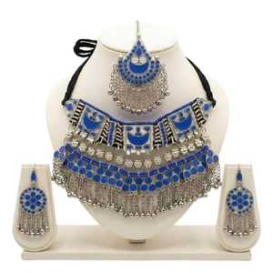 Parure de bijoux ethniques pour femme en zircon bleu, collier et boucles d'oreilles en alliage plaqué argent, design à pampilles pour soirée - Product Image 1