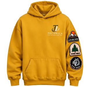 Sweat à capuche oversize jaune moutarde avec patchs, unisexe, en polaire, streetwear, manches longues, décontracté, hiver, avec poche kangourou - Product Image 2