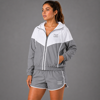 Ensemble de survêtement pour femme rose et blanc à blocs de couleur, respirant, en polyester/coton, avec short et veste, deux pièces, pour l'hiver