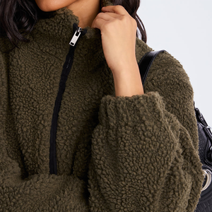 Veste polaire femme vert olive, coupe courte, manches bouffantes, col montant, fermeture éclair, manteau d'hiver chaud, style Sherpa épais – Meilleure vente - Product Image 4