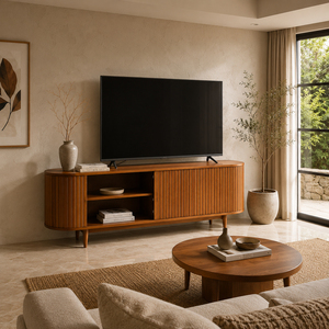 Luxury Eco-Friendly Durable Teak Wood Mid Century Modern Wholesale Alden Fluted Buffet Cabinet Media Console <b>TV</b> Stand Storage - Product Image 4