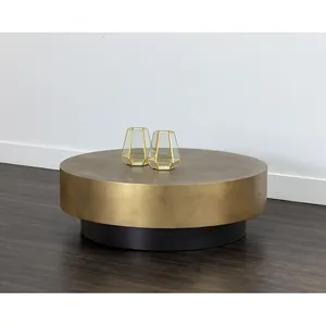 Round Brass Coffee Table with Black Base Minimalist Modern <b>Home</b> Decor for Living Room Indoor Use - Product Image 2