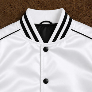 White Men's Varsity <b>Jacket</b> Regular Fit Solid Color Turn-down Collar Button Closure Polyester Material Autumn Casual Style - Product Image 2