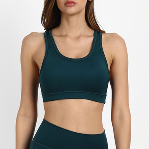 Seamless Racerback Sports Bra Women Dark Green Scoop <b>Neck</b> <b>Light</b> Support Yoga Workout Breathable Stretchable Spandex/Nylon Button - Product Image 3