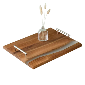 Plateau de service en bois d'acacia massif, plateau décoratif pour table basse, plateau fait main pour le petit-déjeuner, le dîner, les desserts, plateau alimentaire en solde - Product Image 4