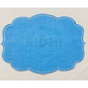 Blue Linen Placemat With White Scalloped Embroidered Edge <b>Table</b> <b>Mats</b> for Dining, Modern Tableware Reusable Elegant Kitchen Decor - Product Image 2