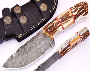 Custom Handmade Damascus Steel Skinner <b>Knife</b> Full Tang Fixed Blade Hunting <b>Knife</b> with Stag Antler <b>Handle</b> Leather Sheath OEM - Product Image 1