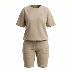 Conjunto de 2 Piezas para Mujer, Camiseta de Manga Corta de Color Sólido Tejida y Pantalones Cortos por Encima de la Rodilla, Cuello Redondo, Casual, Transpirable, de Algodón y Elastano - Product Image 1