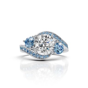 Blue Moissanite <b>Rhodium</b> Plated Luxury Statement <b>Ring</b> for Men's Featuring Asymmetric Swirling Bands and Silver Construction-Gift - Product Image 2