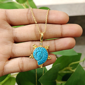 Handcrafted blue turquoise ammonite carving pendant <b>with</b> minimal zircon bezel set necklace 18k gold plated chain fashion jewelry - Product Image 4