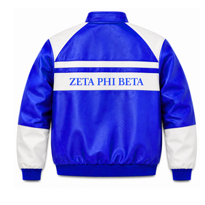 เสื้อแจ็คเก็ตหนัง Zeta Phi Beta Sorority สีน้ำเงินและสีขาว ปักโลโก้ สไตล์ลำลองสำหรับผู้หญิง บุด้วยโพลีเอสเตอร์ - Product Image 3