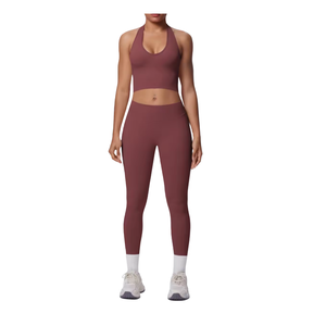 Nylon/Spandex Sweat-Wicking Breathable <b>Halter</b> Strap 2-Piece Solid Deep V Neck Women's Outdoor Yoga Workout Set High Waist - Product Image 2