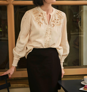 Camisa de Lino Bordada Estilo Francés Vintage para Mujer, Manga Larga Tipo Farol, Blusa Casual de Oficina, Cómoda para el Día a Día - Product Image 1