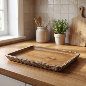 Food Grade Suar Wood With Dark Coconut <b>Shell</b> Inlay Large Square Serving Tray <b>Light</b> Brown Forty And Thirty Centimeters Fine Decor - Product Image 2