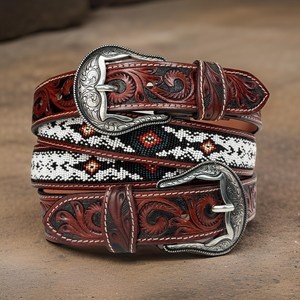 Ceinture en cuir véritable de haute qualité avec motifs perlés occidentaux et gravures, pour hommes et femmes, ceinture tendance, prix de gros - Product Image 5