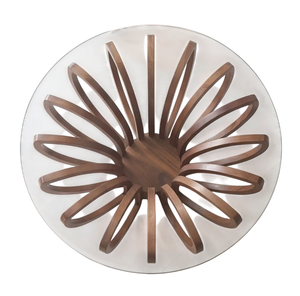 Table basse de salon moderne et attrayante, style floral, avec base sculpturale en bois de manguier massif et plateau rond en verre - Product Image 3
