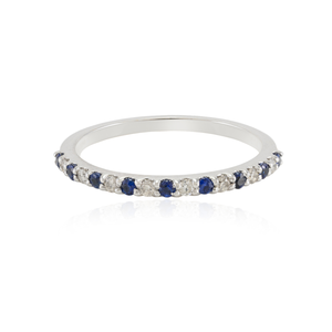 18K Solid Gold Blue Sapphire Diamond Half Eternity Wedding Band Resizable Prong Setting - Product Image 1