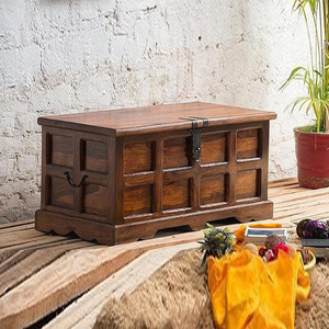 <b>Wooden</b> <b>Storage</b> <b>Trunk</b> Features Panelled Design And Antique Latch For Charming, Traditional Home Furniture Decoration & <b>Storage</b> - Product Image 6