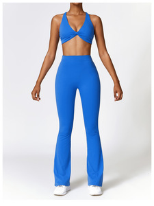 High Waist <b>Flared</b> <b>Leggings</b> With Twist Halter Top Set Spandex Nylon Four-Way Stretch Solid Color Yoga Wear - Product Image 1