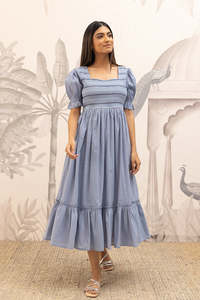 Vestido midi de algodón bordado con cuello cuadrado azul, mangas abullonadas, corte en A, holgado, estilo bohemio, informal, de verano, para mujer, hermoso vestido. - Product Image 2