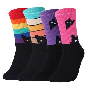 Casual Cotton <b>Socks</b> for Women Large Size Crew Mid-Calf Rainbow <b>Cat</b> Dog Print Knitted Cartoon for Spring - Product Image 1