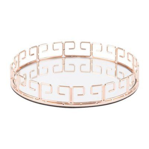 Plateau de service rond élégant en métal doré avec poignées, plateau décoratif avec accents en verre pour la maison, l'hôtel, le restaurant - Product Image 6