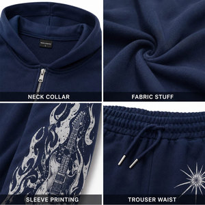 Conjunto de chándal con capucha azul marino para hombre, diseño estampado de alas de guitarra y llamas, manga larga, cremallera frontal, pantalones de corte holgado estilo streetwear - Product Image 6