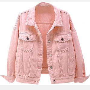 Veste en jean rose unisexe décontractée, couleur unie, col rabattu, boutonnée, en coton délavé, coupe classique, style printemps - Product Image 1