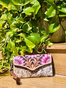 Hand Tooled Florals Carved 100% Genuine Leather Clutch Phone Case Fashionable Multi Uses Luxury Design <b>Wristlet</b> Wallet For Women - Product Image 3