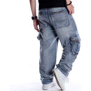 Pantalon de travail en denim de coton baggy Hip Hop coupe ample pour hommes, jean à jambe droite, poches plaquées, style de rue - Product Image 4