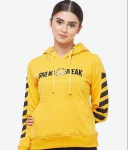 Women Yellow Hooded Sweatshirt With Letter Print And Striped Sleeves Regular Fit Breathable Cotton Autumn Wear - Product Image 4
