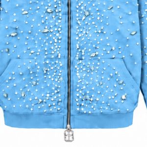 Sweat-shirt à capuche personnalisé bleu ciel avec fermeture éclair, décoré de perles, veste streetwear à manches longues avec poches avant - Product Image 5