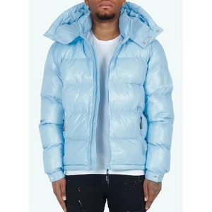Veste bouffante homme brillante logo personnalisé hiver bleu bébé avec capuche réglable veste bouffante décontractée hommes et femmes vente en gros - Product Image 1