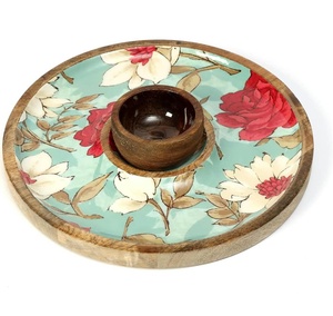 Modern Round Floral Wooden Handicraft Multi-Functional Serving Tray <b>Tea</b> Coffee Food Platter <b>Decorative</b> Dining Home <b>Party</b> Table - Product Image 2