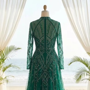 Vestido de Noche de Lujo Color Verde Esmeralda con Cuentas Hechas a Mano, Manga Larga, Cuello en V Profundo, Estilo Sirena, Vestido de Graduación, Venta al Por Mayor - Product Image 3