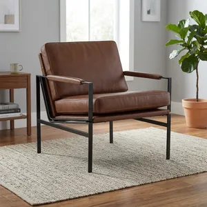 Sillón Vintage de Cuero Marrón con Asiento Acolchado, Reposabrazos Acolchados, Estructura de Metal Negro, Silla de Salón Moderna de Estilo Industrial - Product Image 3
