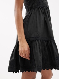 Mini-robe noire élégante à col carré, broderie florale, dentelle, sexy, en popeline de coton, avec nœud, grande taille, sans manches, coupe trapèze - Product Image 3