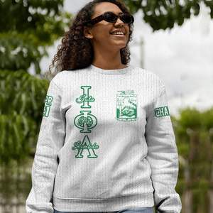 Veste universitaire blanche personnalisée Iota Phi Lambda, pull tricoté de la sororité Iota Phi Lambda - Product Image 2