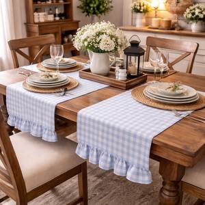 Chemin de table en coton imprimé à carreaux avec bord festonné, style ferme, pour décoration de table à manger, style maison, logo personnalisé, OEM, vente en gros - Product Image 3