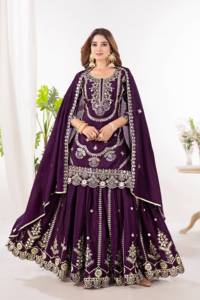 Ensemble de costume en satin de soie brodé orange pour femmes, avec lehenga et dupatta à fleurs roses - Product Image 5